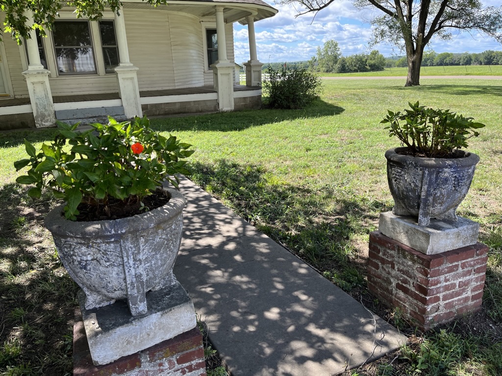 Decorative urns and planters in season