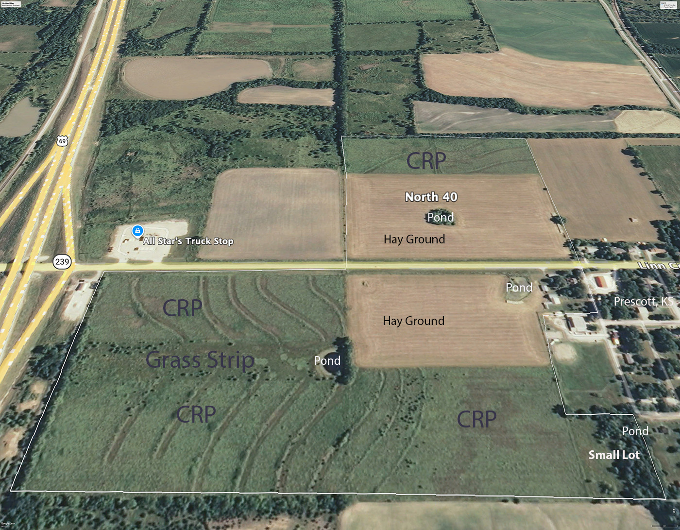 2010 aerial view of the Prescott property showing terraced fields, CRP grass, hay ground, and ponds